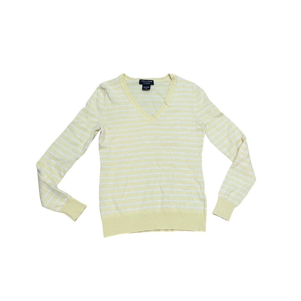 Lord & Taylor Cashmere Sweater Women's M Butter Yellow White Striped V-Neck Knit
